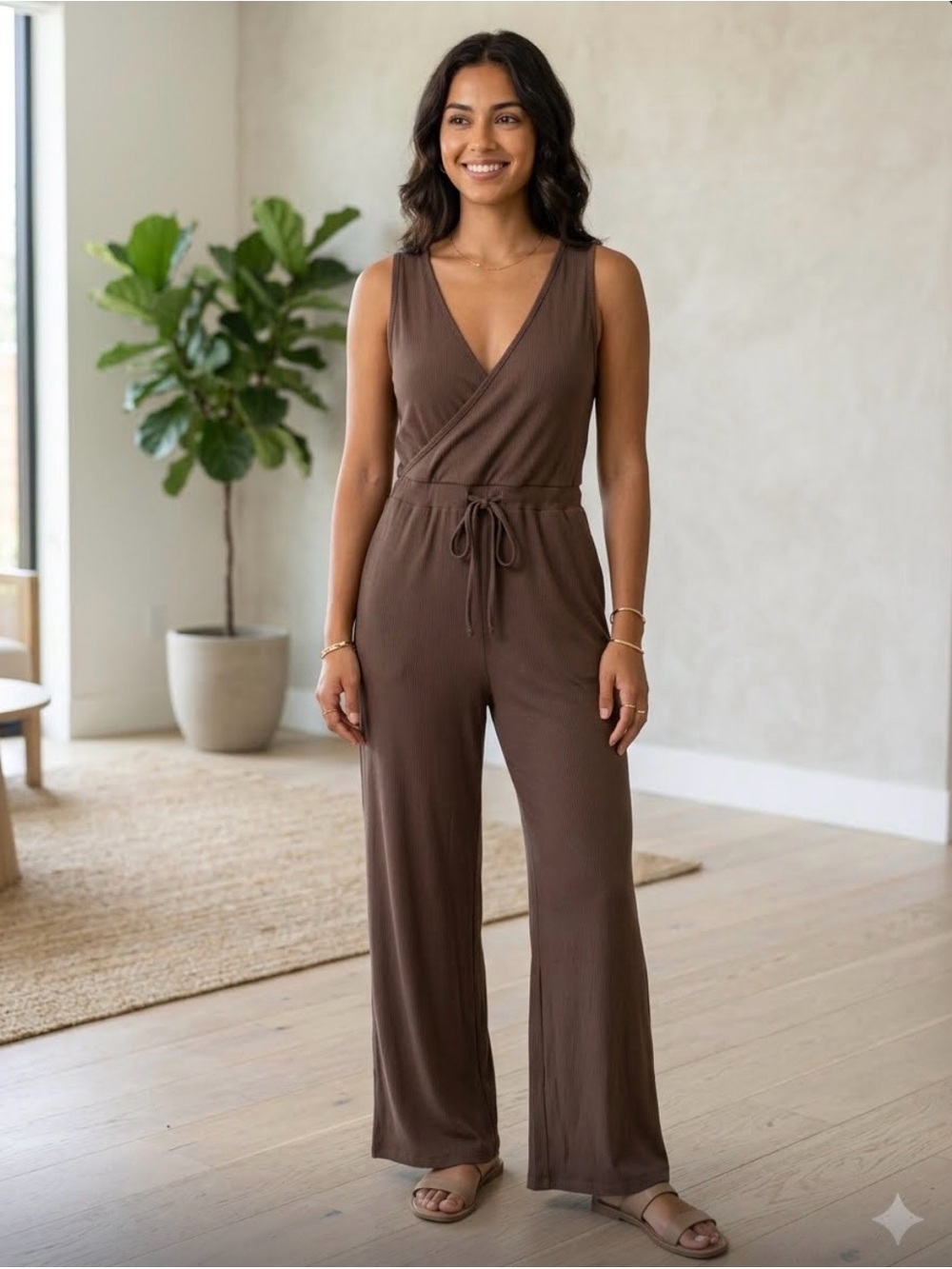 Sweat & Milk Juliette Nursing Friendly S/M V-Neck Wide-Leg Jumpsuit Brown